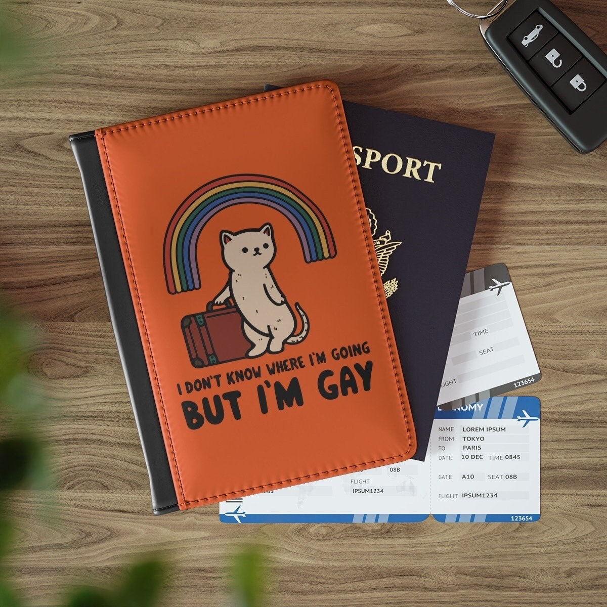 Passport Cover Charming LGBTQ Cat Meme - 'I Don't Know Where I'm Going But I’m Gay' -  Faux Leather in Eight Color Options; Travel Gift Idea