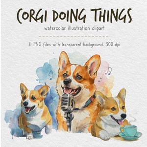 Imágenes prediseñadas de corgi divertido acuarela. Perros lindos PNG descargar. Corgi bañándose, jugando al póquer, música. Fabricación de tarjetas. Planificador digital. Diario basura.