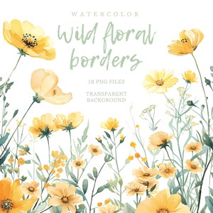 Könnte beinhalten: Aquarell-Illustration von wilden floralen Bordüren mit gelben Blumen und grünem Laub. Das Bild enthält den Text "Watercolor", "Wild floral borders", "18 PNG files" und "Transparent background".