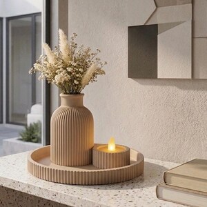 Modern Vase, Tray & Tealight Holder | 3D Printed Ribbed Tray Set |Minimalist Home Decor | Neutral Coffee Table Decor | Boho Style Decor