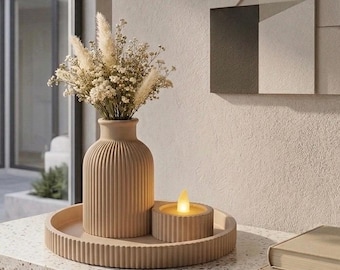 Modern Vase, Tray & Tealight Holder | 3D Printed Ribbed Tray Set |Minimalist Home Decor | Neutral Coffee Table Decor | Boho Style Decor