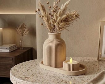 Modern Tray, Vase & Tealight Holder Set | 3D Printed Scandinavian Home Decor | Minimalist Table Centrepiece Neutral Boho Decor New Home Gift