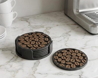 3D Printed Coffee Bean Coasters Set with Holder – Modern Kitchen Decor