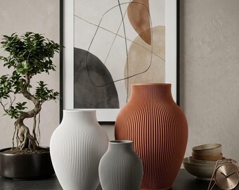 Modern 3D Printed Ribbed Vase | Minimalist Home Decor | Sculptural Decorative Vase | Neutral Beige Vase | Contemporary Home Gift