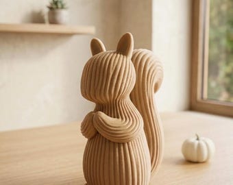 3D Printed Squirrel Figurine, Ribbed Modern Animal Sculpture, Woodland Autumn Decor