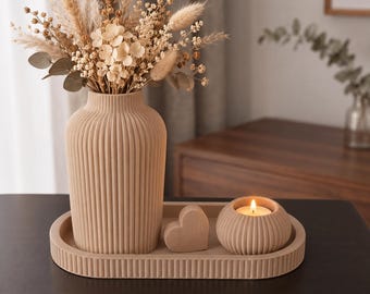 3D Printed Decorative Vase Set | Ribbed Vase Trio with Tray & Heart | Modern Home Decor | Minimalist Gift | Neutral Home Accessories