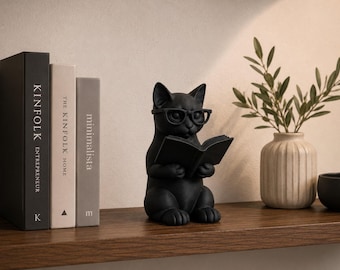 3D Printed Reading Cat Figurine | Modern Bookshelf Ornament, Cat Lover Decor