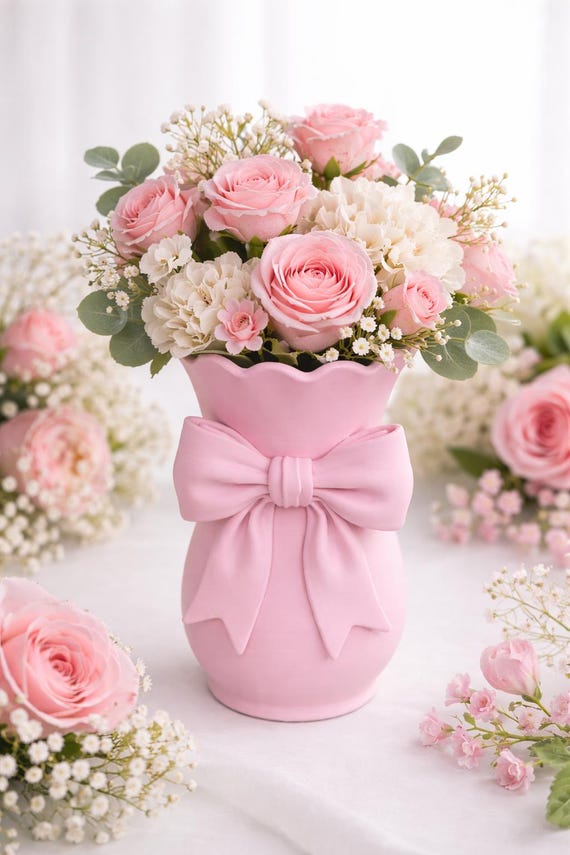 Stilvolle Vase mit Schleife Detail – Dekoratives Stück für Kunstblumen | Modernes Wohndekor