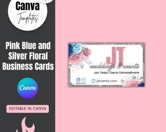 Floral Wedding Business Card Template: Pink, Blue & Silver (Editable Canva Template)
