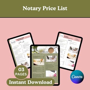Op de afbeelding: Een digitale download van een driedelige Canva-sjabloon voor een notarisprijzenlijst. De sjabloon heeft een modern ontwerp met een roze en groene kleurschema. De tekst "Notary Price List" wordt bovenaan de pagina weergegeven in vetgedrukte, witte letters. De sjabloon is direct te downloaden.