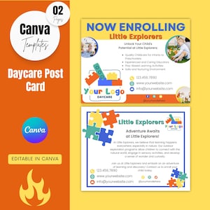 教師用ポストカード テンプレート、ポストカード チラシ テンプレート、編集可能な Canva テンプレート、Canva チャイルド ケア チラシ、デジタル ポストカード