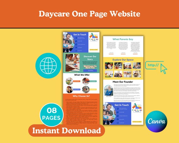 Daycare Website Template: One Page Small Business Site (Digital Canva Download)