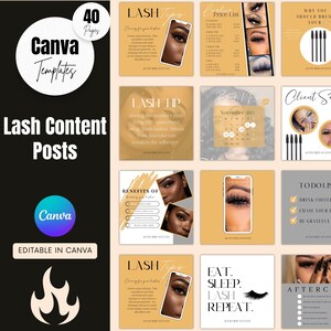 May include: A collection of 40 social media post templates for lash businesses. The templates feature a variety of designs, including text, images, and graphics. The templates are editable in Canva.