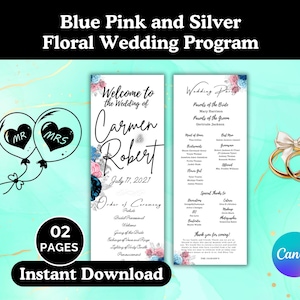 Floral Wedding Invitation: Pink, Blue, and Silver (Editable Canva Template)