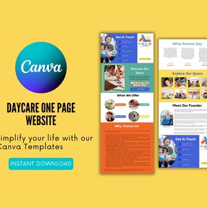 May include: A colorful one-page website template for a daycare center. The template features images of children, a logo, and text that says "Get In Touch", "Discover Our Story", "What We Offer", "Why Choose Us?", "What Parents Say", "Explore Our Space", "Meet Our Founder", and "We'd Love To Have You".