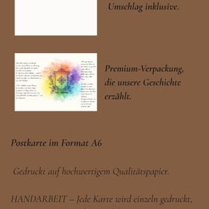 May include: A postcard with a white envelope and a colorful design. The postcard has text in German, including "Umschlag inklusive" and "Premium-Verpackung, die unsere Geschichte erz&auml;hlt."