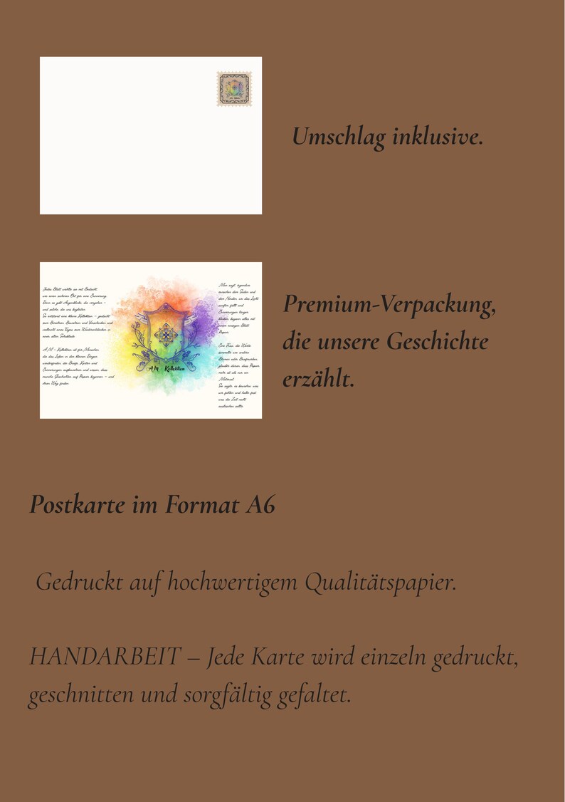 May include: A postcard with a white envelope and a colorful design. The postcard has text in German, including "Umschlag inklusive" and "Premium-Verpackung, die unsere Geschichte erz&auml;hlt."