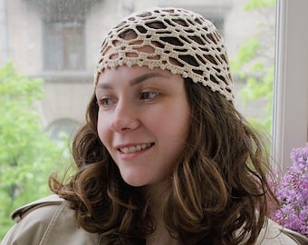 Gorro de malla de crochet beige, estilo vintage, para verano