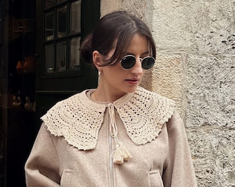Collier vintage, dentelle de coton, collier bohème au crochet amovible, collier beige et noir