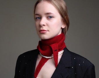 Red merino wool scarf, sophie skinny scarf, handmade french style scarf, knitted neckerchief, elegant style accessories, Valentines day gift