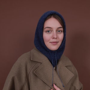 Dark blue wool knit snood, alpaca wool hood helmet hat, socky snowboard hat, unisex balaclava, hooded scarves, cagoule, girlfriend gift