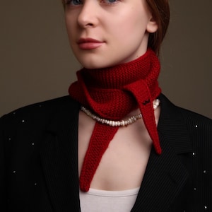 Elegant Sophie scarf,  Red Minimalist Office Style with French Elegance, Merino Wool Knit Scarf, Handmade Small Neck Scarf
