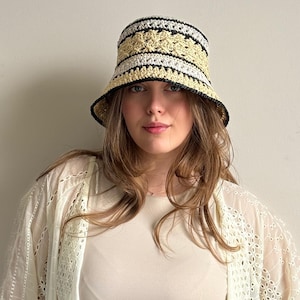 Handmade Straw Crochet Bucket Hat, Raffia Hand-Knit Summer Striped  Bucket Hat, Unique Gift
