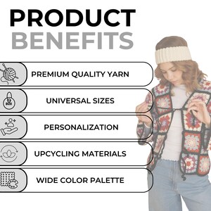 May include: A graphic with the text "PRODUCT BENEFITS" in black text on a white background. Five gray buttons with white outlines and icons depict the benefits of a product: premium quality yarn, universal sizes, personalization, upcycling materials, and wide color palette.