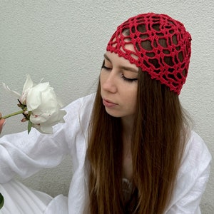 Berry Red Crochet Summer Hat,Summer Beanie, Skull Hat