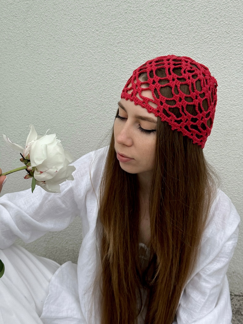 Berry Red Crochet Summer Hat,Summer Beanie, Skull Hat
