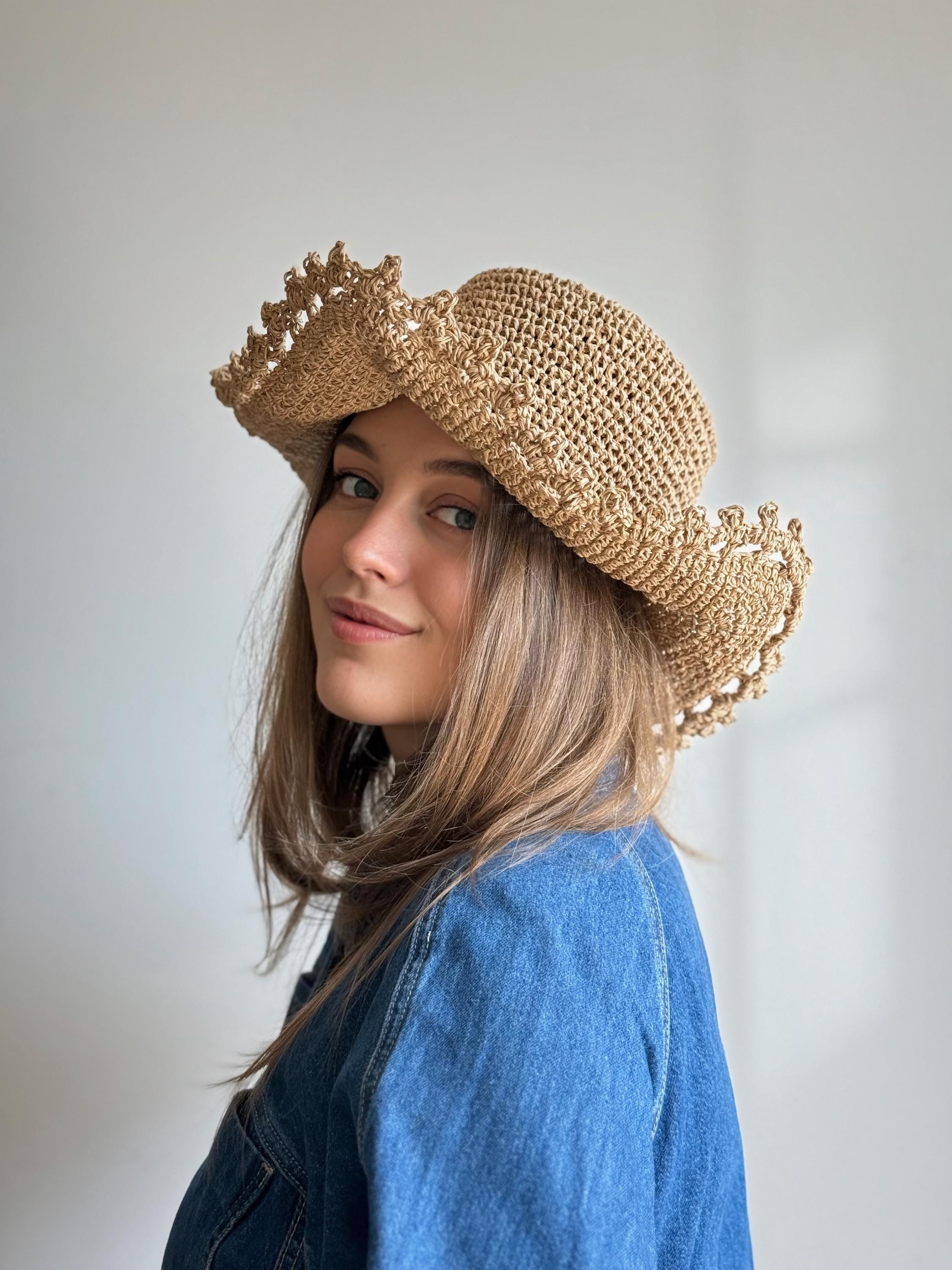 Wide Brim Crochet Straw Cowboy Hat, Boho Festival Sun Hat - Etsy display picture 3