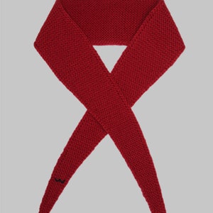 May include: A red knitted scarf with a small black embroidered design.