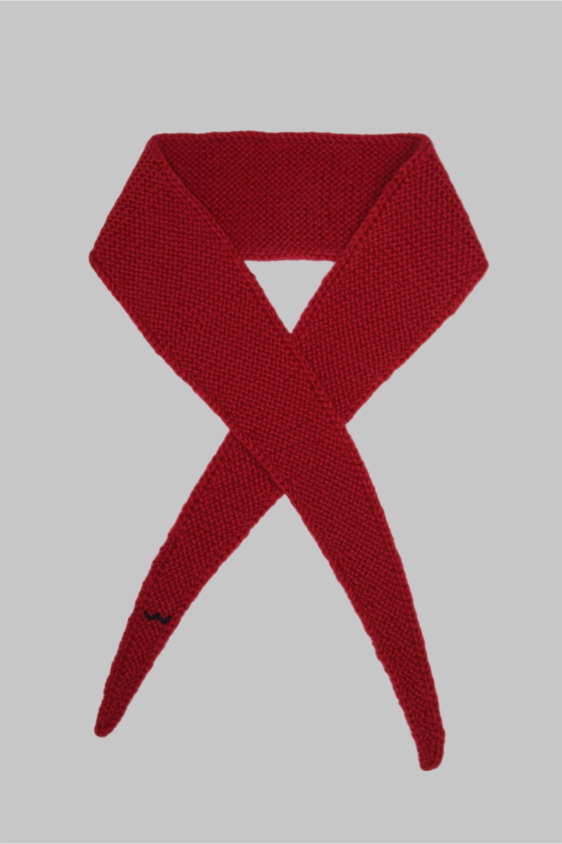 May include: A red knitted scarf with a small black embroidered design.