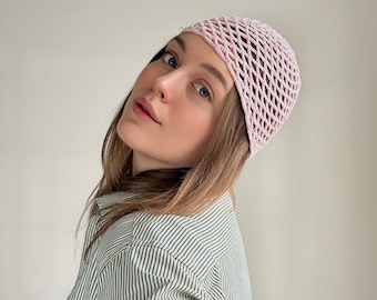 Gorro de verano de encaje de crochet, gorro de calavera de malla de red rosa pálido
