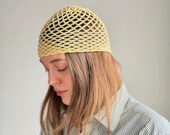 Gorro de calavera de crochet amarillo, gorro de malla de red, sombrero bohemio de verano