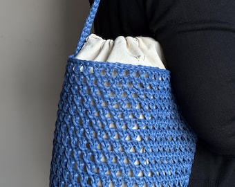 Blue Crochet Raffia Bucket Bag, Handmade Summer Shoulder Bag