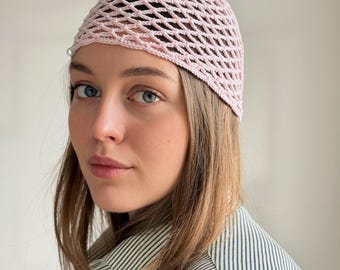 Gorro rosa ligero y moderno, gorro de verano de estilo vintage, gorro de calavera de encaje de crochet, elegante gorro de tejido abierto, ideas de regalo para el Día de la Madre