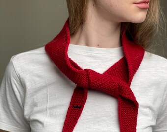 Crochet red skinny scarf, minimalist neck scarf, merino wool sophie scarf, knitted neckerchief, Galentines day gift, french style scarf