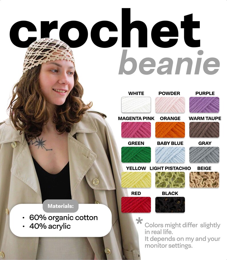 Puede incluir: Un gorro de punto de ganchillo blanco con una variedad de colores de hilo para elegir. El gorro est&aacute; hecho de 60% algod&oacute;n org&aacute;nico y 40% acr&iacute;lico. El texto "crochet beanie" est&aacute; escrito en negro en la parte superior de la imagen. El texto "Materials: 60% organic cotton 40% acrylic" est&aacute; escrito en negro en la parte inferior de la imagen. El texto "Colors might differ slightly in real life. It depends on my and your monitor settings." est&aacute; escrito en negro en la parte inferior de la imagen.