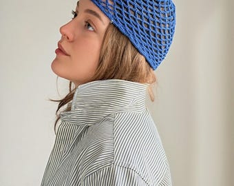 Dusky Blue Mesh Cotton Crochet Skull Cap With Wooden Beads and