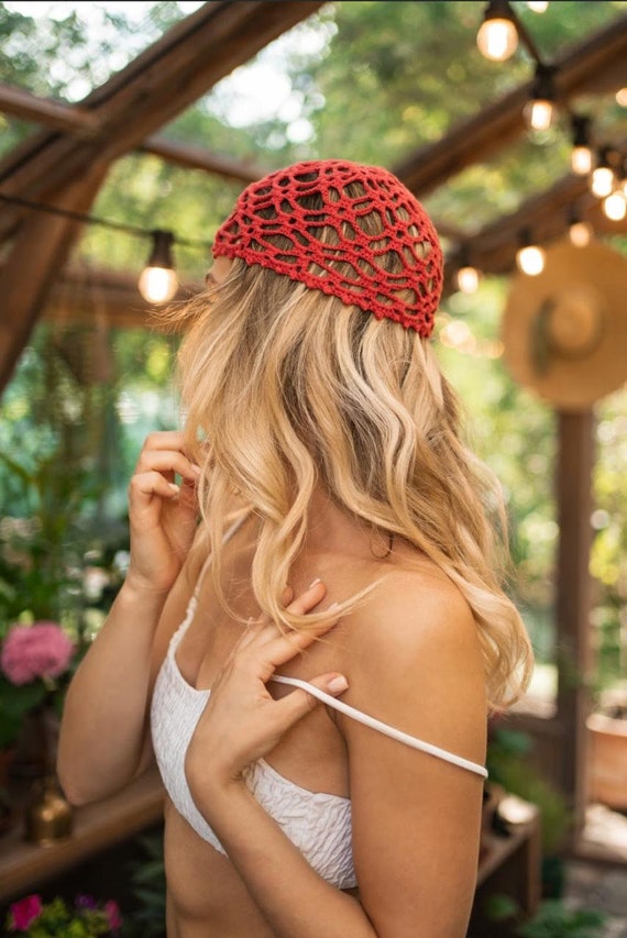 Red crochet skull cap,vintage style hat,breathable beanie,summer beanie, mid century look,lace skull cap,hair accessories,lightweight beanie