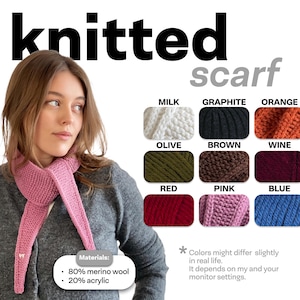 May include: A pink knitted scarf with a variety of color options for the yarn, including milk, graphite, orange, olive, brown, wine, red, pink, and blue. The scarf is made of 80% merino wool and 20% acrylic. "Colors might differ slightly in real life. It depends on my and your monitor settings."
