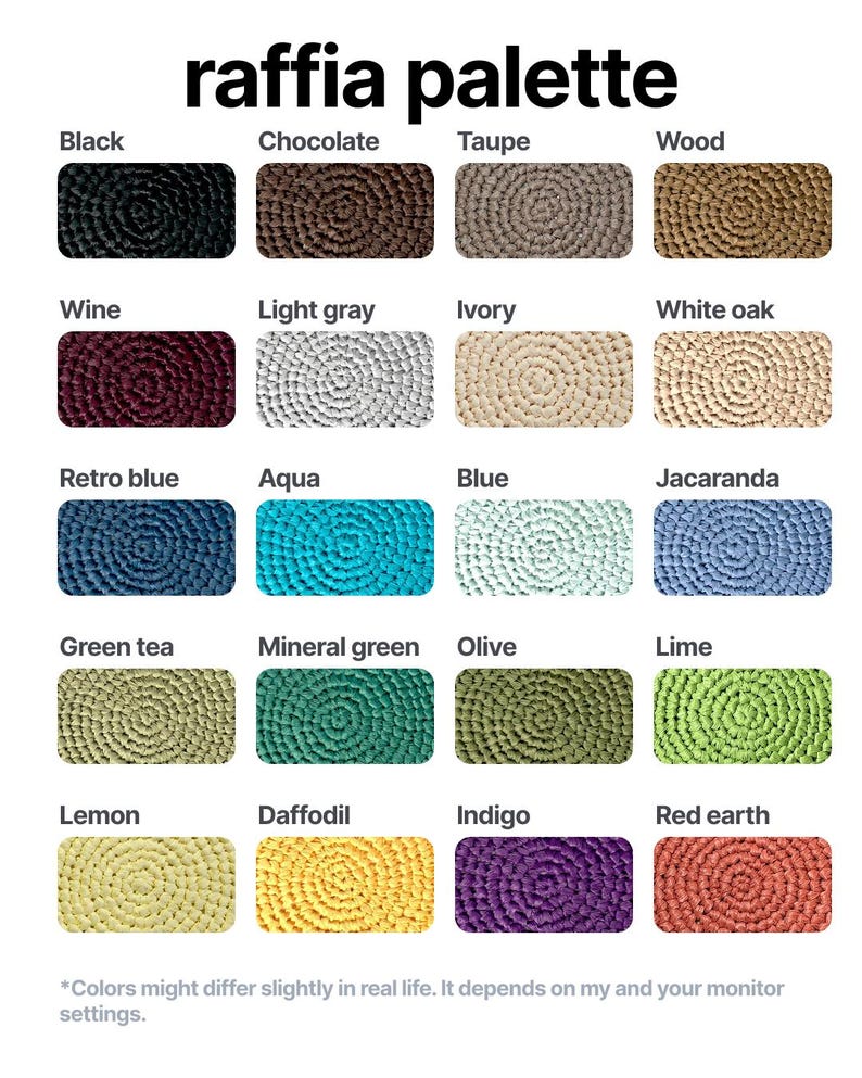 Peut inclure: Une palette de couleurs de raphia dans diverses teintes, dont le noir, le chocolat et le taupe. D'autres couleurs incluent le vin, le gris clair et l'ivoire. L'image pr&eacute;sente &eacute;galement du bleu r&eacute;tro, de l'aqua, du bleu, du th&eacute; vert, du vert min&eacute;ral, de l'olive, du citron, du jonquille, de l'indigo et de la terre rouge.