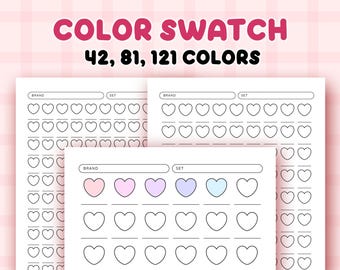 Heart Color Swatch Chart Printable, Blank Color Swatches Sheets PDF, Alcohol Markers Blank Color Chart Printable 42, 81, 121 color test