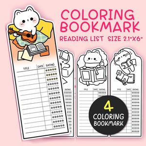 May include: Four black and white colouring bookmarks featuring cute cats reading books. Each bookmark has a space to write the book title, date, and rating. The text "COLORING BOOKMARK" is written in black and white on a white circle.