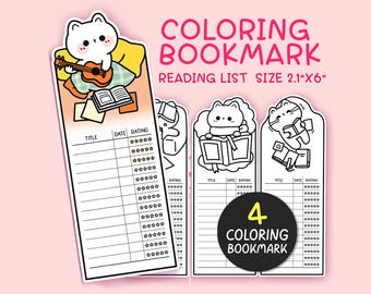 4 Kawaii Booklover Cat Coloring Bookmarks Printable for Cat Lover, Reading List Bookmarks, Reading Nook Decor, Book Lover Gift