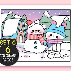 Winter kawaii gezellige kleurplaten voor volwassenen, 6 pagina&#39;s esthetische afdrukbaar kleurboek met handgetekende doodles ontspannende leuke pagina&#39;s