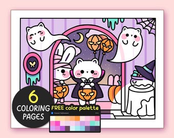 Halloween Kawaii Cozy Coloring Pages for Adults - 6 Pages Simple Coloring Sheet Teen Kawaii Coloring Book Bold and Easy Coloring Pages