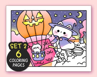 Halloween Kawaii Cozy Coloring Pages for Adults SET2 - 6 Pages Simple Coloring Sheet Teen Kawaii Coloring Book Bold and Easy Coloring Pages