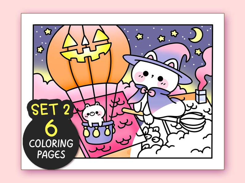 Halloween Kawaii Cozy Coloring Pages for Adults SET2 6 Pages Simple Coloring Sheet Teen Kawaii